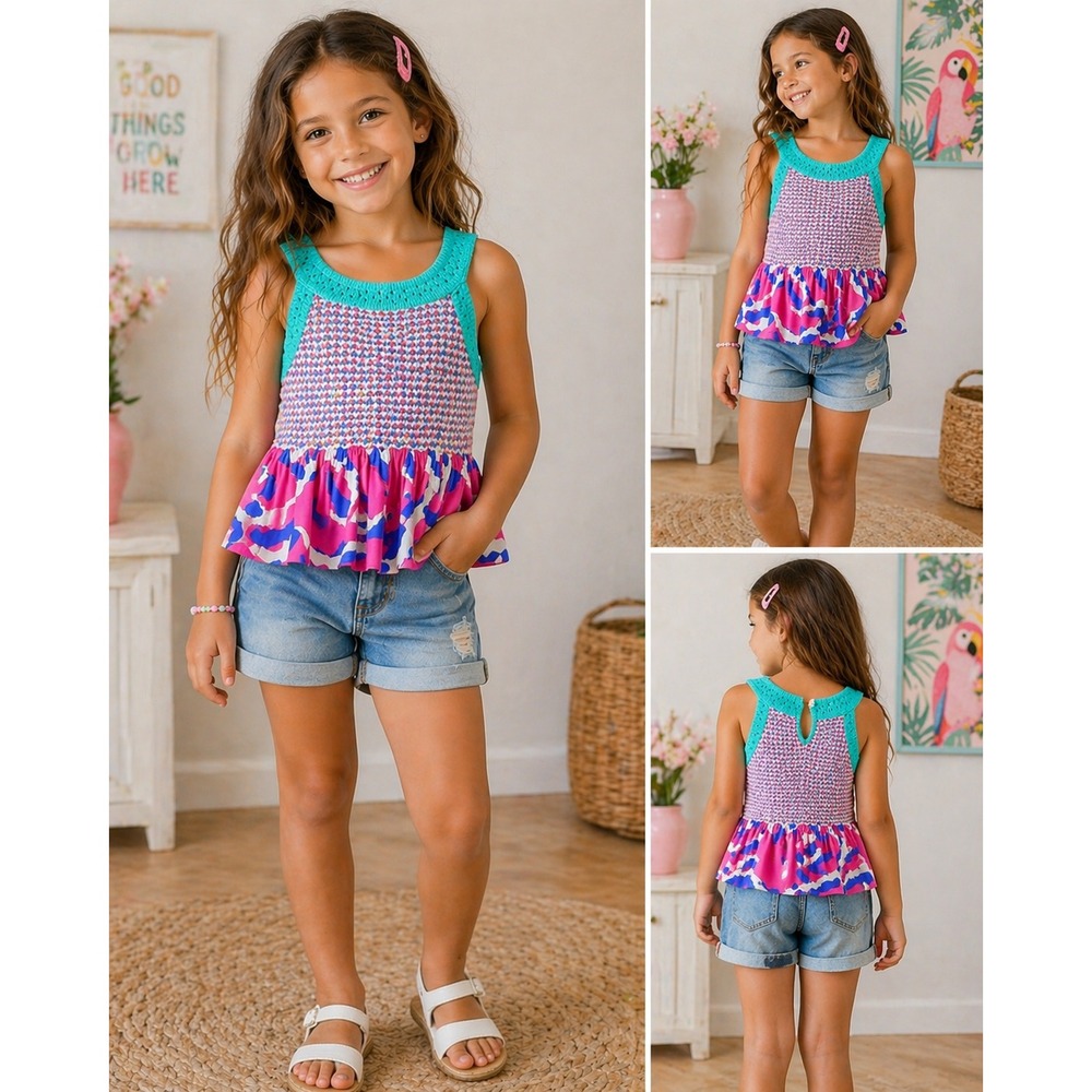 Finding Foxtale Top Pink Teal Abstract Crochet Knit Daisy Button Size 7